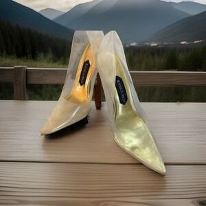 NIB Jessica Rich Women Sz 38 Fancy Pointed Toe Clear Stiletto Pump Gold Heels
